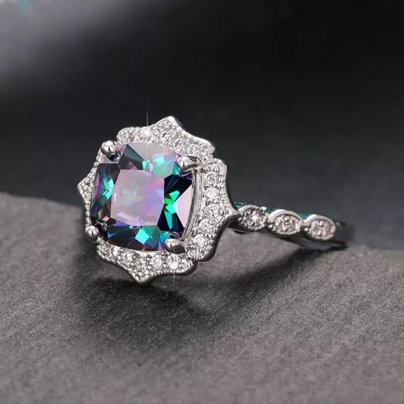 NEW 925 Sterling Silver Mystic Topaz Diamond Halo Cushion Cut Ring - Picture 4 of 5